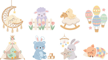 Cute Nursery Animal Illustration Set with Sleeping Bunny Lamb Bear Pig and Baby Room Elements for Kids Decoration and Nursery Designs © MstSuborna