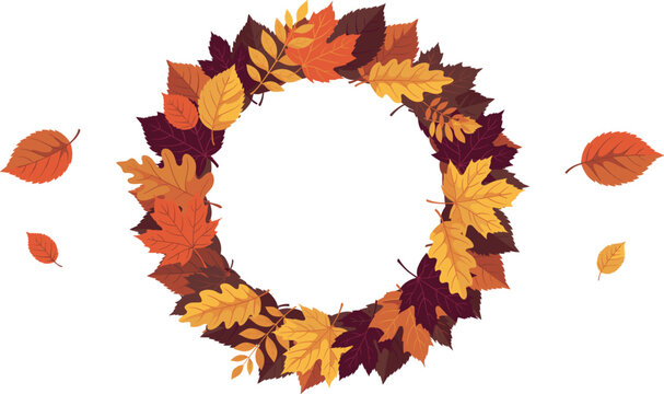 Autumn leaves wreath circular frame with falling foliage concept, isolated on white copy space background