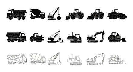 Construction vehicles, heavy equipment icons, black and gray silhouettes, 20 truck and tractor illustrations © charli