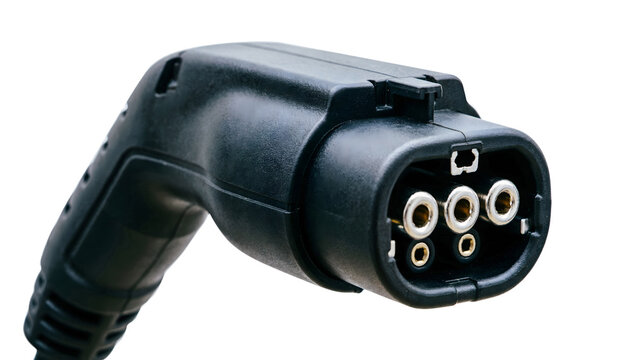 Close-up of an EV plug for electric vehicle connection, clean texture, isolated on white.