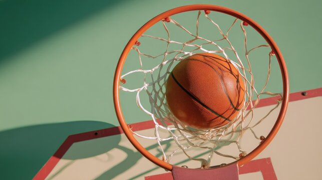 Basketball Hoop Net with Ball Scoring a Perfect Goal.