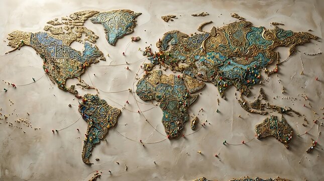 Intricate 3d world map art with golden textures and travel pins