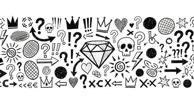 Black doodle icons, symbols, and shapes, question marks, crowns, hearts, vector graphics set