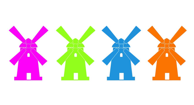 Colorful windmill icons, vibrant mill graphics, four wind turbines, colorful illustrations, vector mills