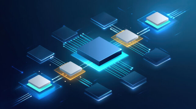 Parallel processing chip network with glowing data connection and central processor on dark futuristic board