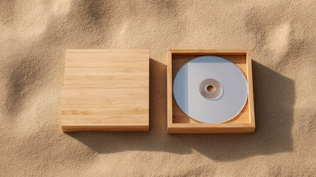 Wooden cd case blank compact disc open case bamboo box sand background top view copy space minimal design product mockup storage box optical disc circular disc silver disc natural material beige
