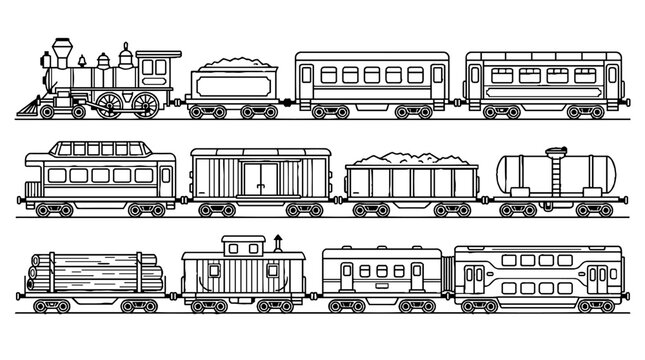 Vintage steam locomotive and freight train cars line art illustration set.