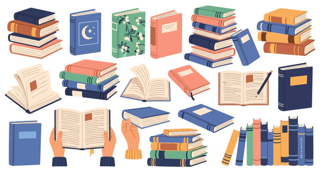 Book icons, stacked books, reading materials, educational resources, textbook illustrations