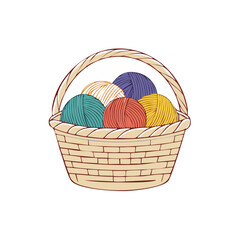 Fototapeta premium Wicker basket with colorful yarn balls vector illustration