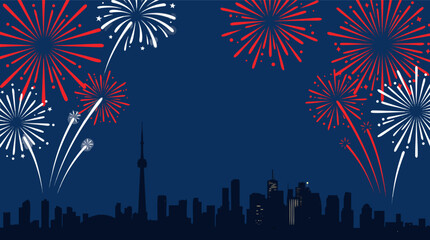 Fototapeta premium Festive Canada Day July 1st illustration with red and white fireworks over a Canadian pride city skyline featuring empty copy space for celebration