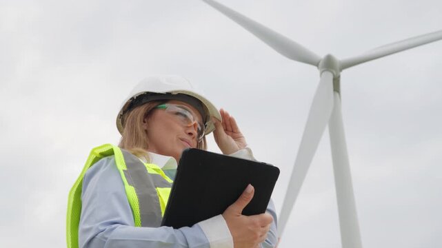 Woman engineer wearing helmet and reflective vest stands near wind turbine, holding a tablet and smiling. She represents innovation and progress in clean energy and green technology