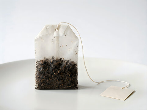 A single tea bag with a string and tag isolated on white background