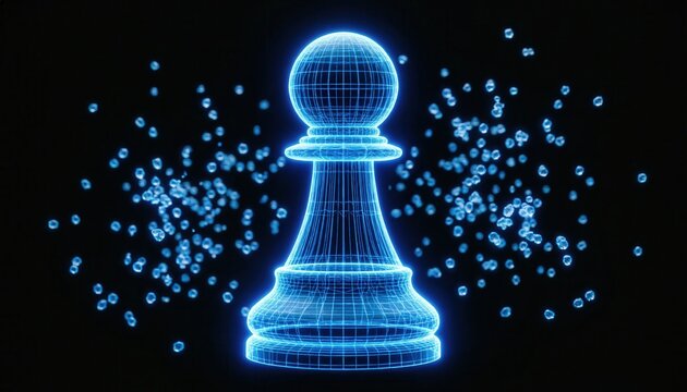 Glowing blue digital wireframe chess pawn piece on dark background with neon particles, symbolizing strategy, artificial intelligence, and technology in modern business planning and digital gaming.