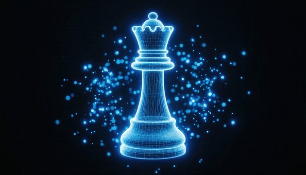 Glowing blue digital wireframe chess queen piece on dark background with abstract neon particles, representing strategy, AI, and technology for modern gaming, business leadership, and power.