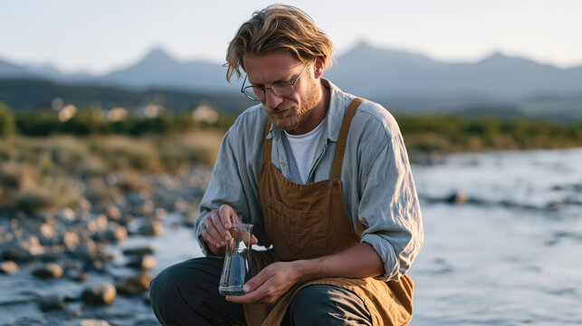 Brewer collects a mountain spring water sample with barley and hop farm behind, illustrating craft beer terroir, ingredient origin and natural production.