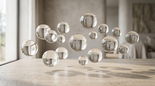 glass orbs clear glass balls spheres floating glass decorative objects home decor interior design modern art glass sculpture abstract decor light reflecting spherical shapes