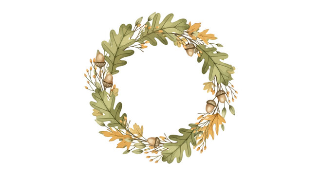 Autumn leaves wreath, watercolor floral circle, yellow green foliage, decorative border