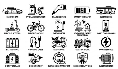 Black and white electric vehicle icon set with EV charging stations batteries and sustainable transportation symbols vector illustration isolated on white background © EFADUL