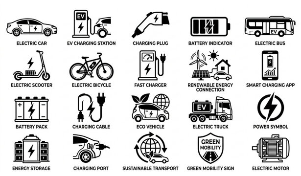 Black and white electric vehicle icon set with EV charging stations batteries and sustainable transportation symbols vector illustration isolated on white background
