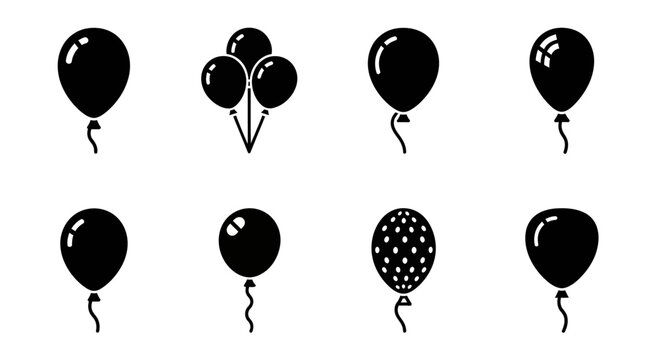 Collection of black balloons including plain, patterned, and cluster arrangements, ideal for celebration, party, birthday, or festive decorations, and advertising use