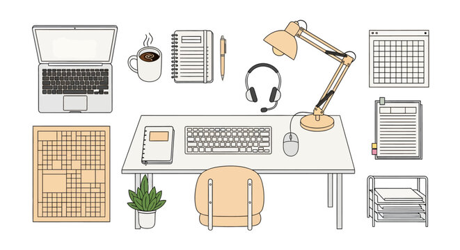 Modern workspace with laptop, headphones, desk lamp, coffee mug, notebooks, plant, and organizing shelves, ideal for home office or creative work environments