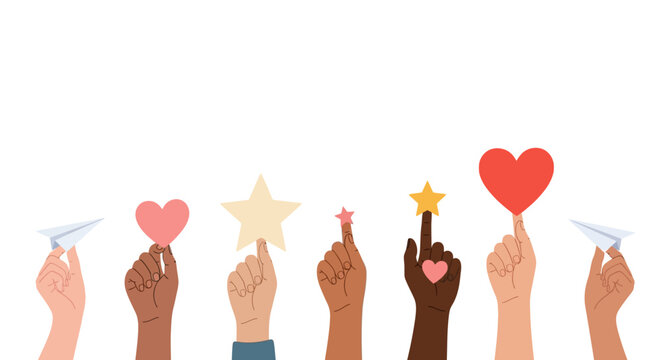 Diverse hands holding hearts, stars, and planes, symbolizing love, achievement, and freedom