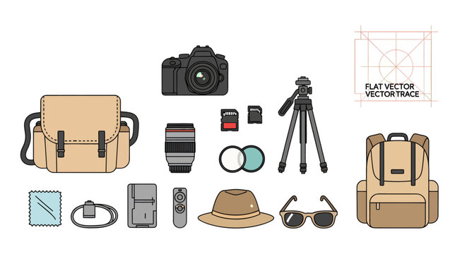 Photography equipment and accessories set including camera, lenses, tripod, backpack, hats, glasses, filters, remote control, memory cards, and cleaning cloth for outdoor photo shoots