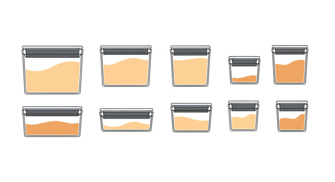 Stack of seven plastic containers with beige powder or sand, various sizes, transparent sides, modern design, for storage, organization, or food, versatile usage