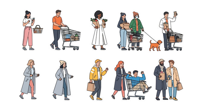 Shopping people icons, retail customers, buyers and shoppers, vector illustrations