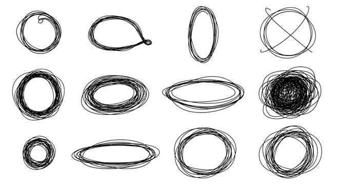 Hand drawn, scribbled, black and white, oval shapes, vector icons, 12 elements