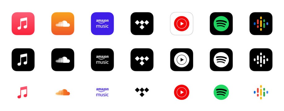 Streaming music podcast app logo icons set soundcloud, spotify, youtube music collection