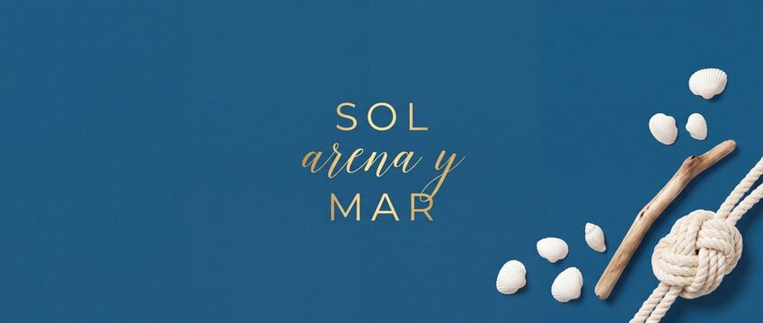 Nautical beach background blue gold text sol arena y mar with rope knot and white seashells, elegant summer vacation banner template with copy space for travel poster or website design.