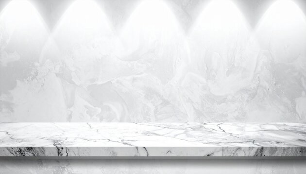 Marble shelf with spotlight on white limestone wall background