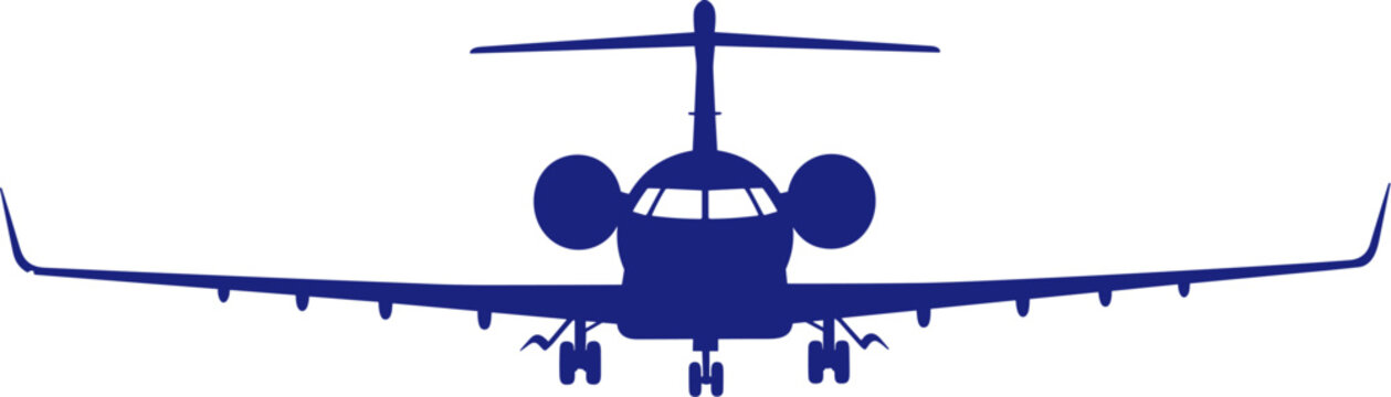 Blue private business jet airplane silhouette preparing for takeoff isolated on white