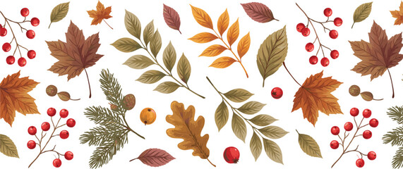 Fototapeta premium Autumn seamless border horizontal pattern with detailed fallen leaves and red winter berries, isolated on white background