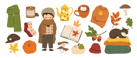 Obraz premium Autumn clipart vector set. Cozy fall season elements with cute boy, cat, pumpkin, teapot, mushrooms, leaves, sweater, books and warm harvest illustrations