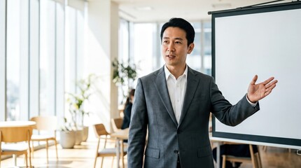 Fototapeta premium Confident Asian Man Presenting in Modern Conference Room for Business Strategy