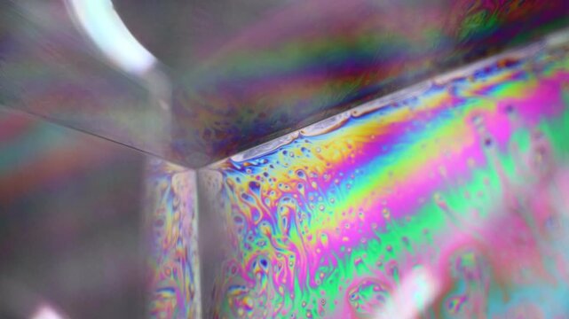 Vivid iridescent soap bubble surface shows swirling psychedelic patterns, creating an abstract, dynamic background of vibrant colors.