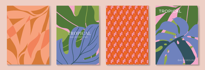 Obraz premium Tropical poster background vector set. Botanical wall art templates with abstract leaf shapes, monstera foliage, decorative pattern and modern summer print design.