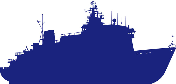 Large oceanographic research vessel ship silhouette navigating deep waters from side view