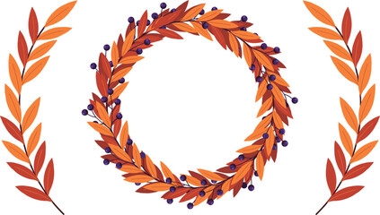 Autumn leaves wreath frame with decorative seasonal berry branches, isolated on white copy space background © Arishfa