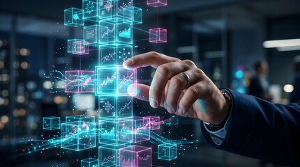 Fototapeta premium Futuristic blockchain technology concept with digital data cubes, businessman touching virtual interface, fintech and big data visualization