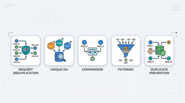 Infographic illustrating request deduplication process with unique IDs and filtering