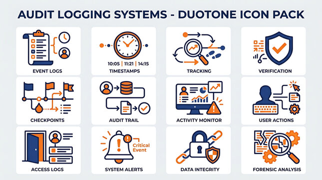 Audit logging systems icons show various security and verification processes on screens