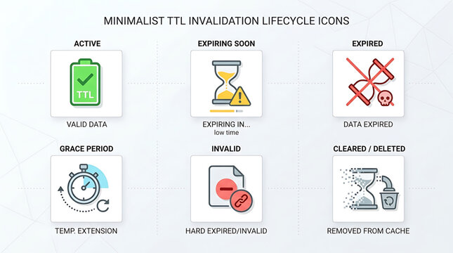 Minimalist icons illustrate TTL invalidation lifecycle stages with clocks and documents
