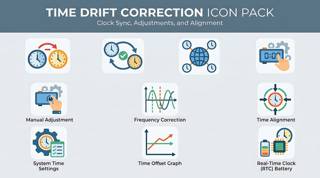 A graphic illustration of various time drift correction icons on a light grey background