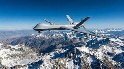 Fototapeta premium Mq9 reaper unmanned aerial vehicle flying over snowcapped mountains