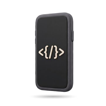 3D render of matte black smartphone with programming code symbols on screen isolated on white background