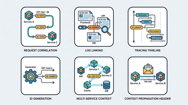 Visualizing Distributed System Architecture Concepts Request Tracking, Log Management, and Service Context Propagation Diagrams