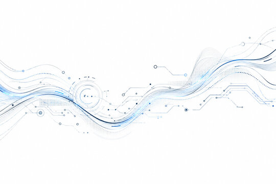 Abstract minimalist digital technology background with blue circuit lines and network waves on white